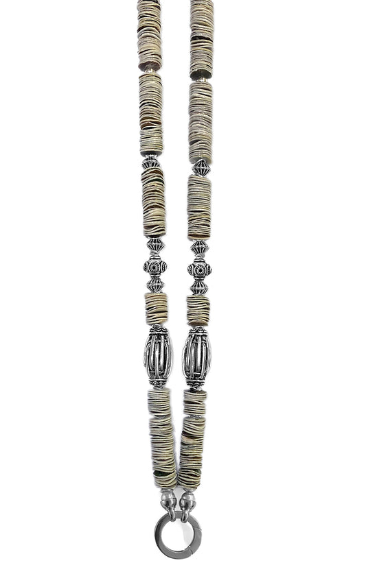 Ethno Boho Kette Muschelscheiben Naturfarben Tribal Glasperlen 925 Sterling Silber 115 cm Lang Unikat