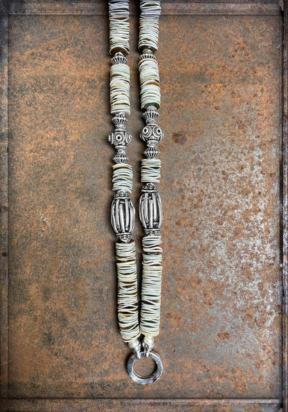 Ethno Boho Kette Muschelscheiben Natur Tribal Glasperlen 925 Sterling Silber 115 cm Lang Unikat