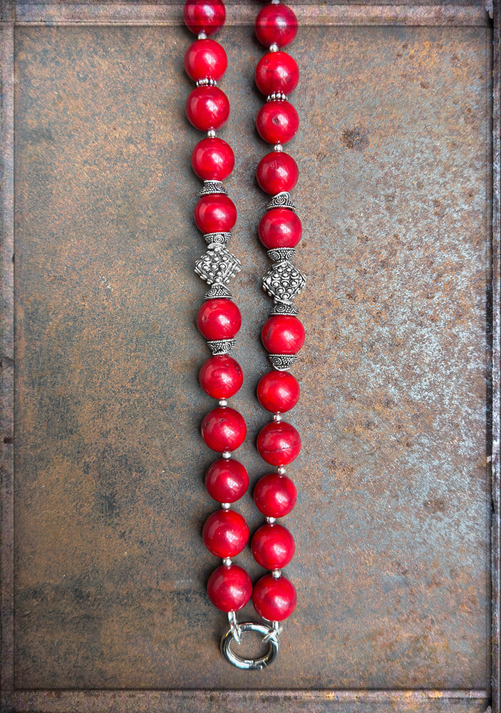 Lange Ethno Boho Korallenkette Rot Sterling Silber Unikat