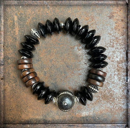 Onyx Armband Ethno Boho Holzperlen 925 Silber Dehnbar Unisex Unikat