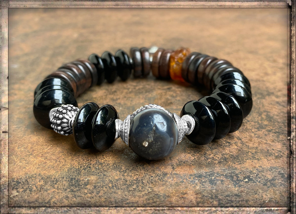Onyx Armband Ethno Boho Horn Schwarz Braun 925 Silber Dehnbar Unikat