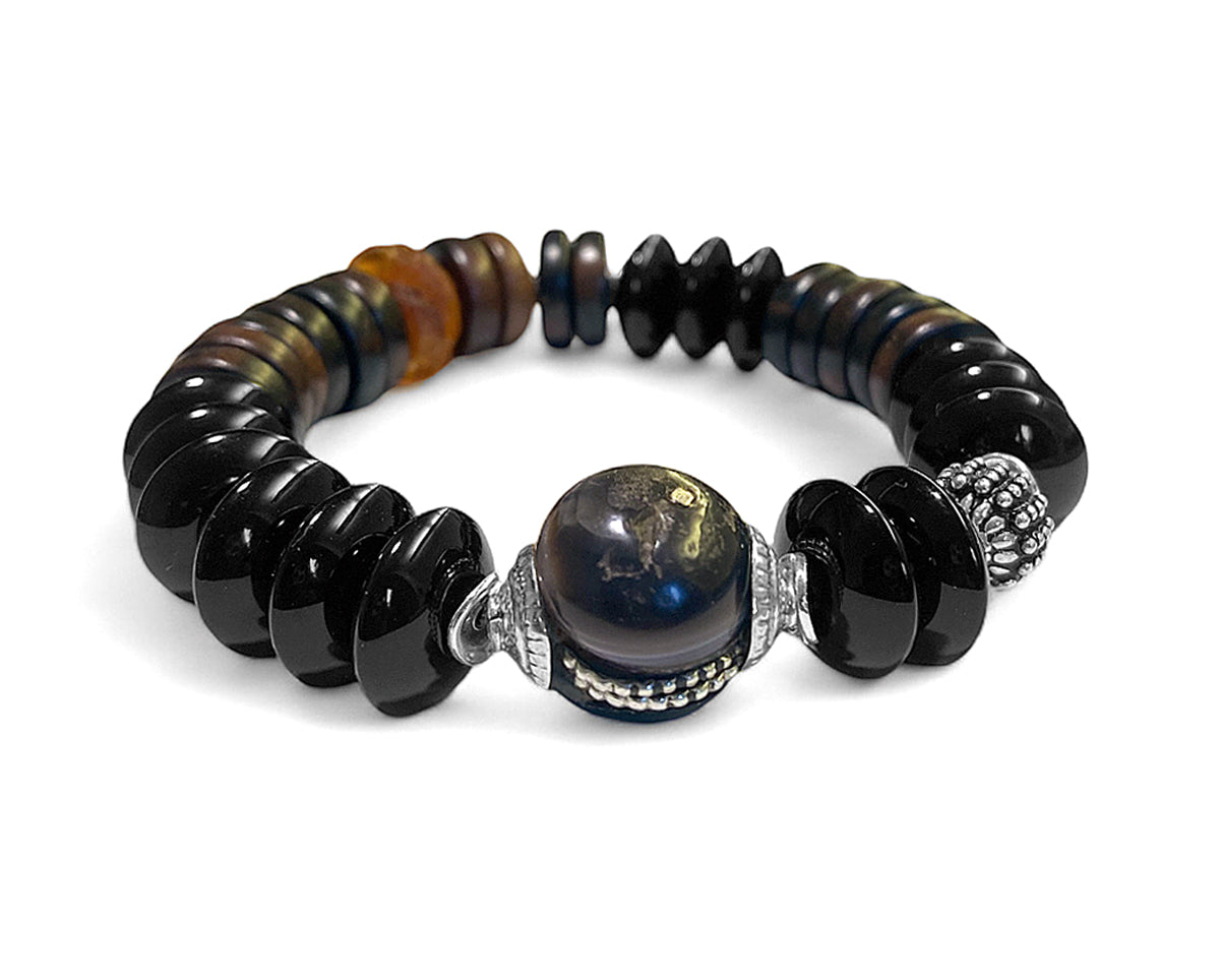 Onyx Armband Ethno Boho Horn Schwarz Braun 925 Sterling Silber Dehnbar Unikat