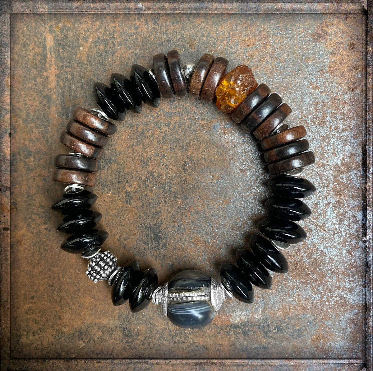 Onyx Armband Ethno Boho Horn Schwarz Braun Silber Dehnbar Unikat