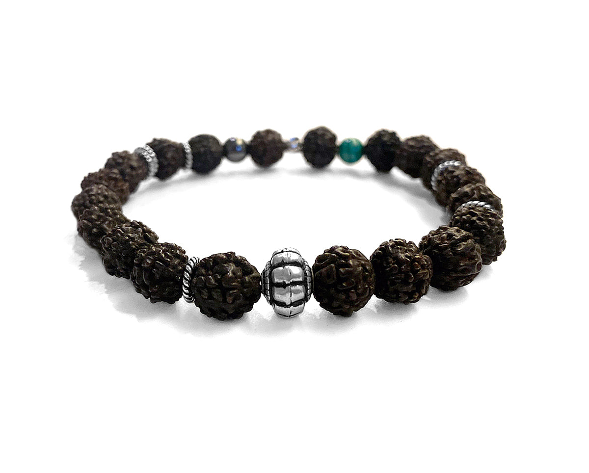Ethno Boho Armband Rudraksha-Perlen Natursteine 925 Sterling Silber Dehnbar Unisex Unikat