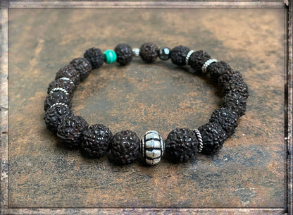 Ethno Boho Armband Rudraksha-Perlen Schmal Natursteine 925 Silber Dehnbar Unisex Unikat