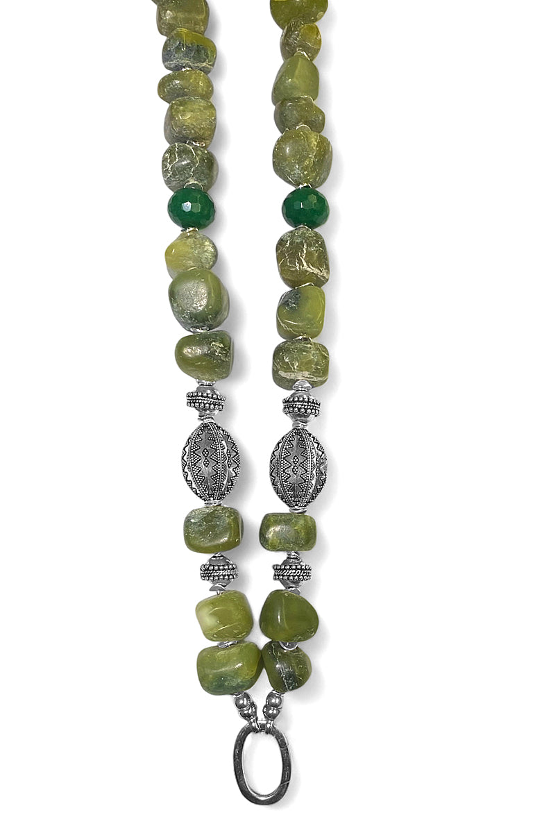 Ethno Boho Steinkette 110 cm Lang Serpentin Jade Grün Sterling Silber Unikat
