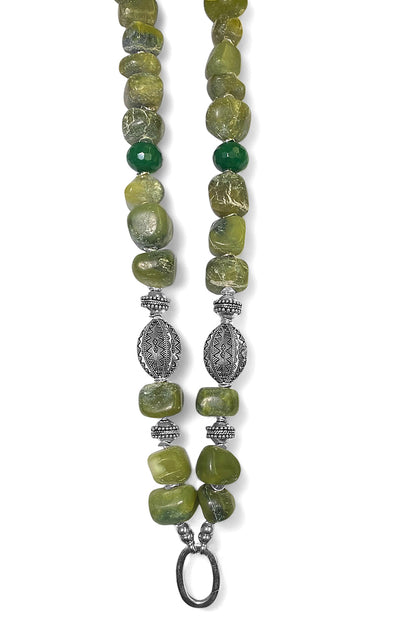 Ethno Boho Steinkette 110 cm Lang Serpentin Jade Grün Sterling Silber Unikat