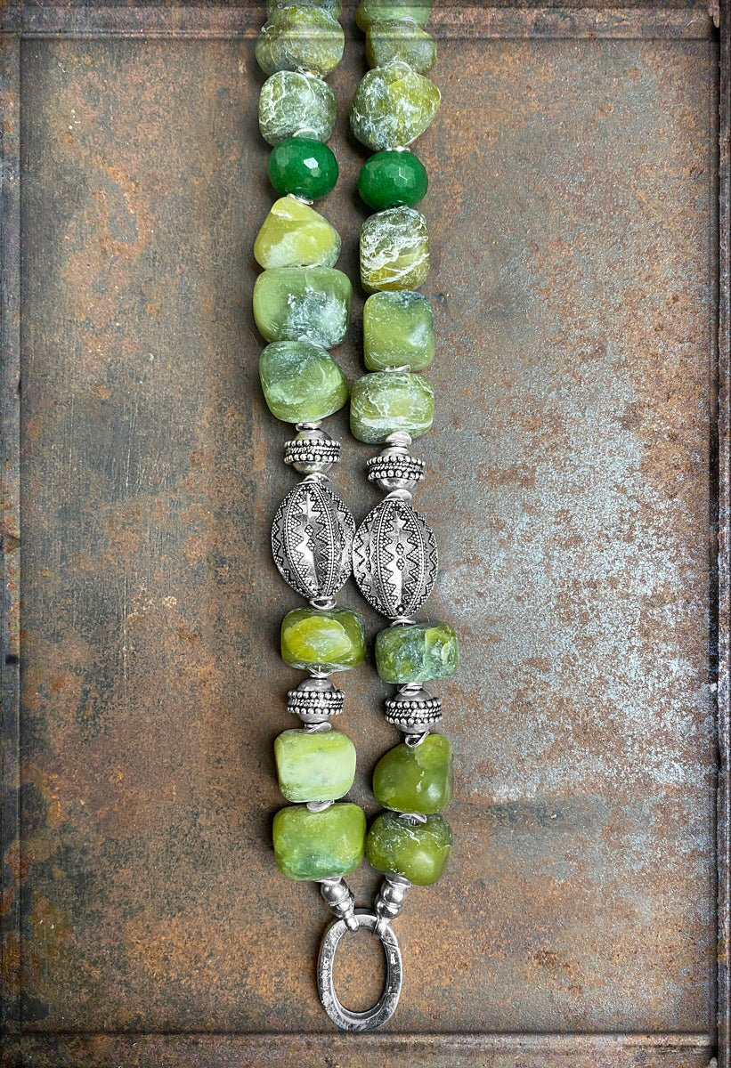 Ethno Boho Steinkette 110 cm Lang Serpentin Jade Grün Türkis 925 Silber Unikat