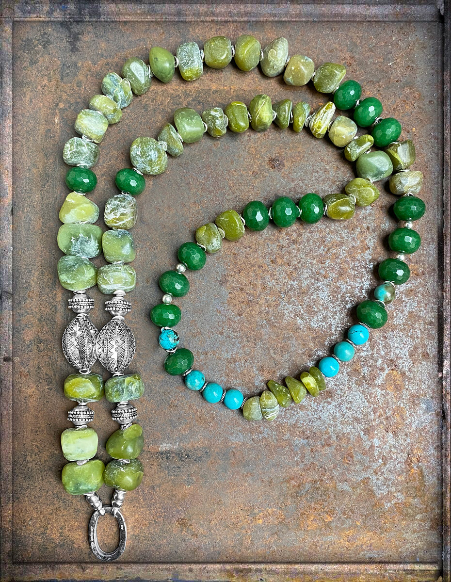 Ethno Boho Steinkette 110 cm Lang Serpentin Jade Grün Türkis Sterling Silber Unikat