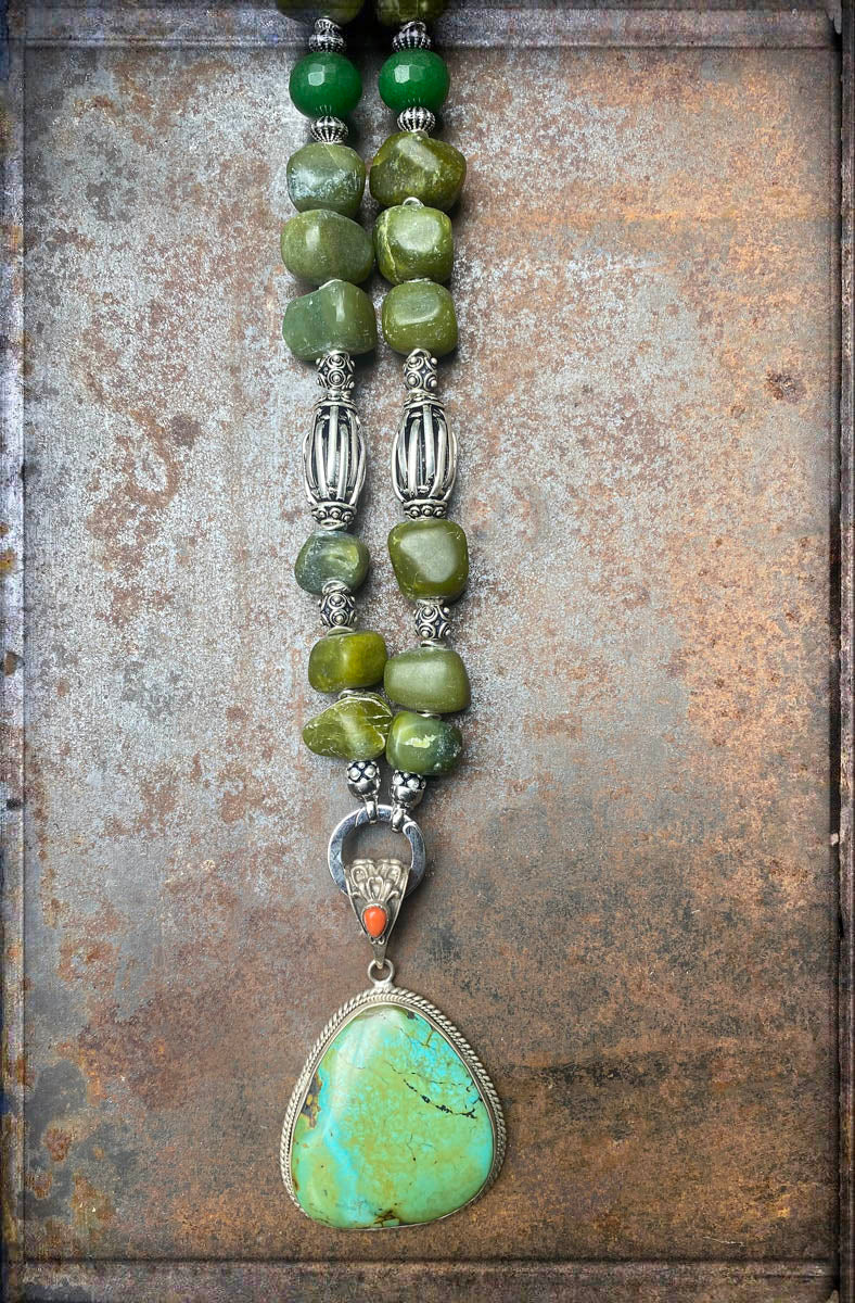 Ethno Boho Steinkette 110 cm Lang Serpentin Jade Grün Türkis-Anhänger Sterling Silber Unikat