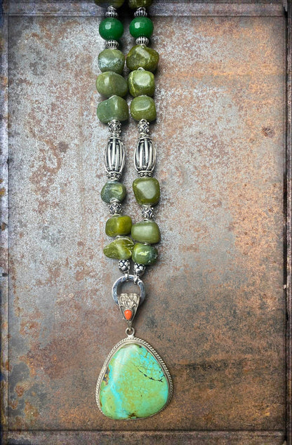 Ethno Boho Steinkette 110 cm Lang Serpentin Jade Grün Türkis-Anhänger Sterling Silber Unikat