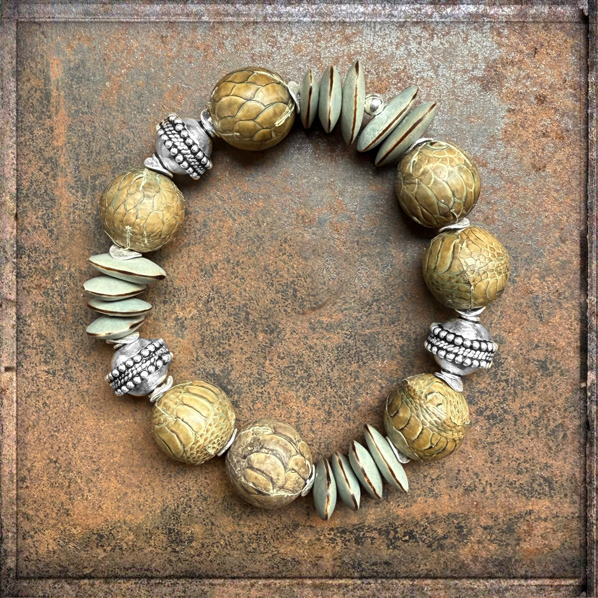 Ethno Armband Holz Lederperlen Natur Dehnbar Unikat Sterling Silber Schmuck Reichenberger