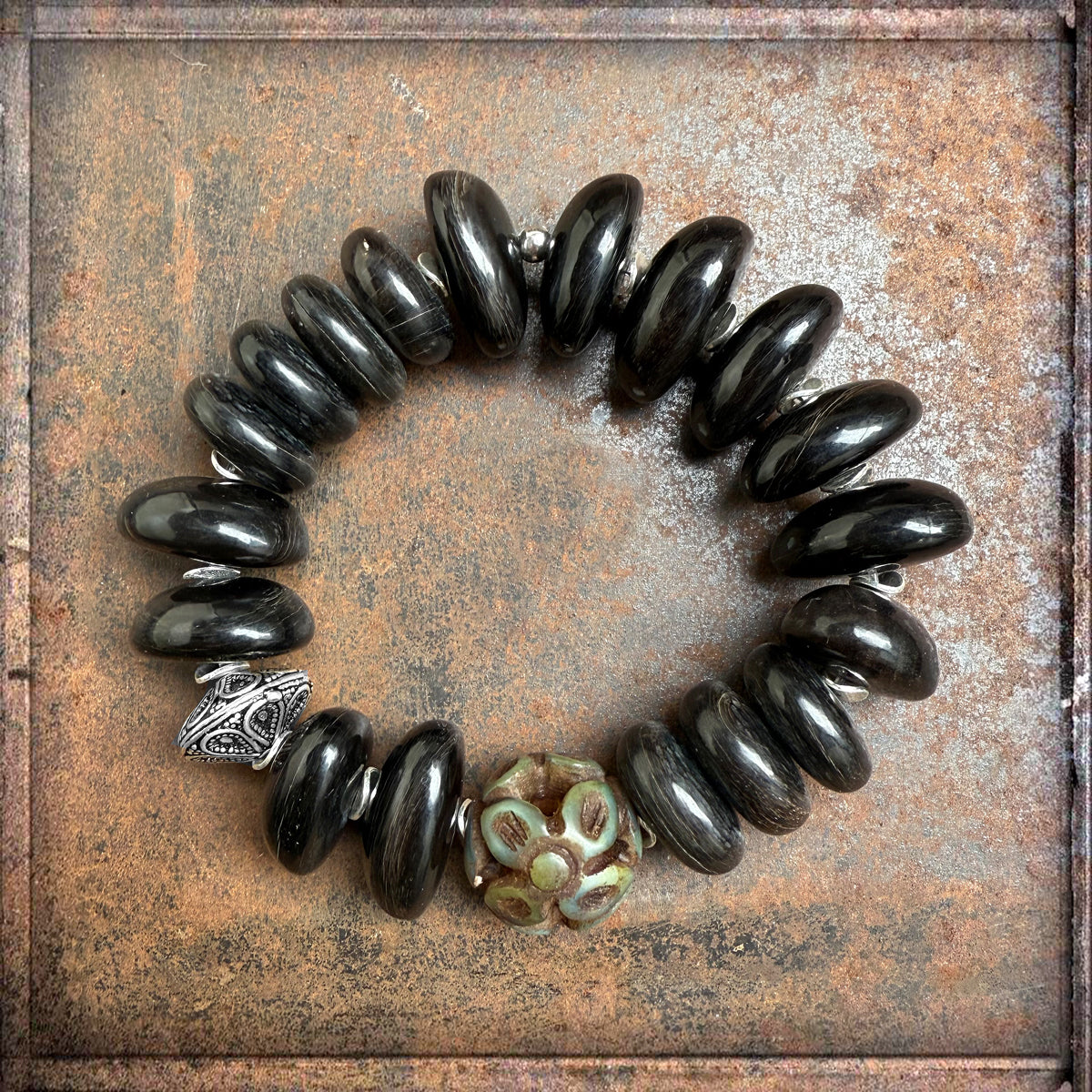 Ethno Boho Armband Horn Jadeperle Dehnbar Unikat 925 Sterling Silber Schmuck Reichenberger