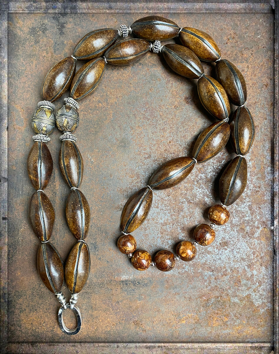 Ethno Hornkette Lang Hornperlen Oval  Matt Statement Unikat 925 Sterling Silber Schmuck Reichenberger