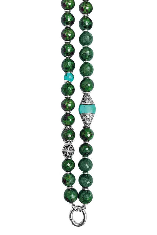 Lange Ethno-Kette Unikat Achat Grün Lila Rubin-Zoisit-Optik Hämatit Vintage-Tribal-Perle Türkis Silberverzierungen 925 Sterling Silber