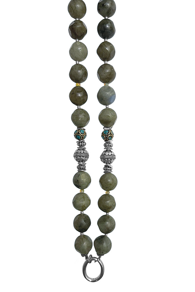 Lange Ethno Labradorit-Kette Oliv Tibetperlen Türkis Opal 925 Sterling Silber Handgefertigtes Boho-Unikat