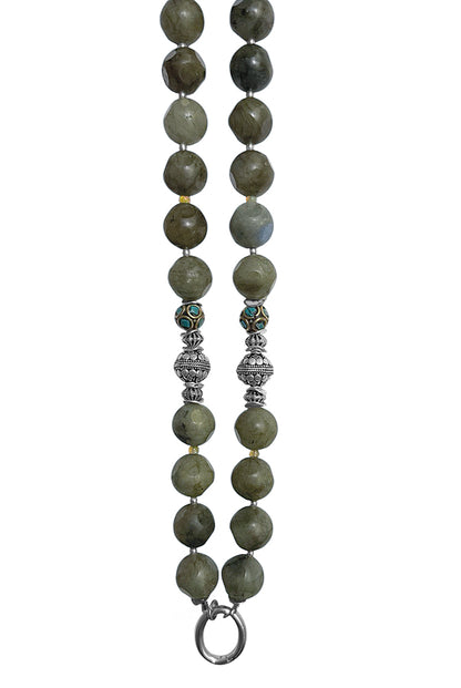 Lange Ethno Labradorit-Kette Oliv Tibetperlen Türkis Opal 925 Sterling Silber Handgefertigtes Boho-Unikat
