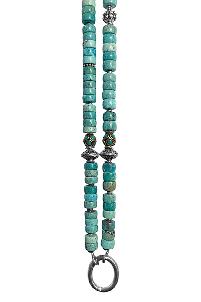 Lange Ethno Kette Türkis-Flats Tibetperlen 925 Sterling Silber Handgefertigtes Boho-Unikat
