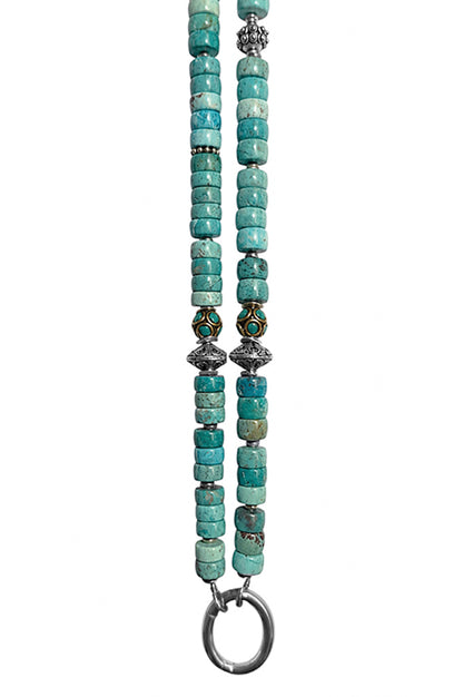 Lange Ethno Kette Türkis-Flats Tibetperlen 925 Sterling Silber Handgefertigtes Boho-Unikat
