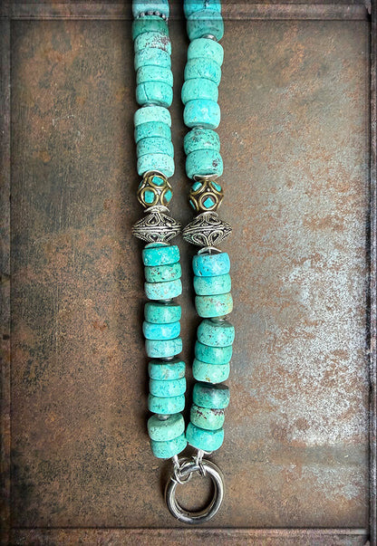Lange Ethno Kette Türkis-Flats Tibetperlen 925 Silber Handgefertigtes Boho-Unikat