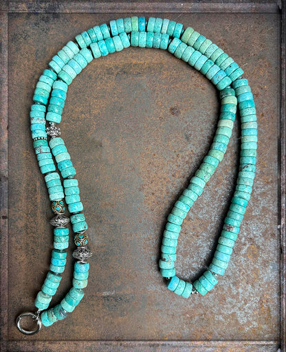 Lange Ethno Kette Türkis-Flats Tibetperlen 925 Silber Handgefertigtes Boho-Unikat