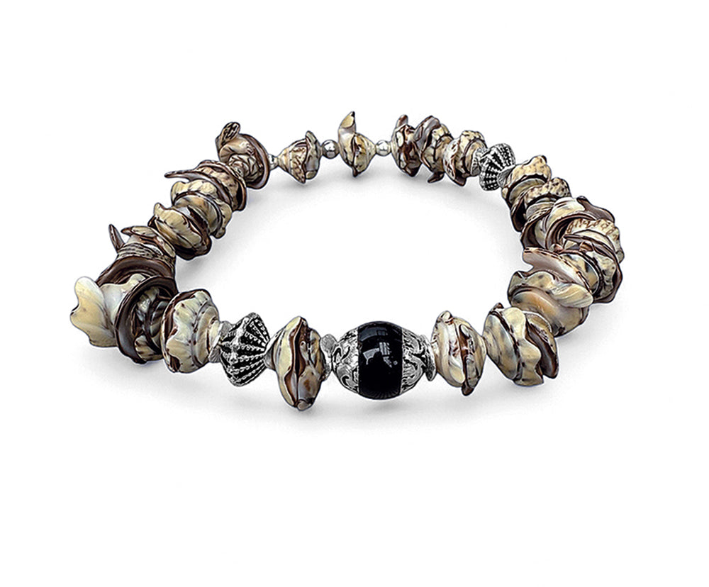 Ethno Muschelarmband Tibet-Perle Onyx Dehnbar Unikat Sterling Silber Schmuck Reichenberger