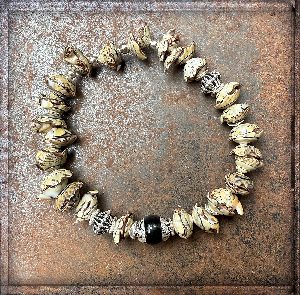 Ethno Boho Muschelarmband Tibet-Perle Onyx Dehnbar Unikat Sterling Silber Schmuck Reichenberger