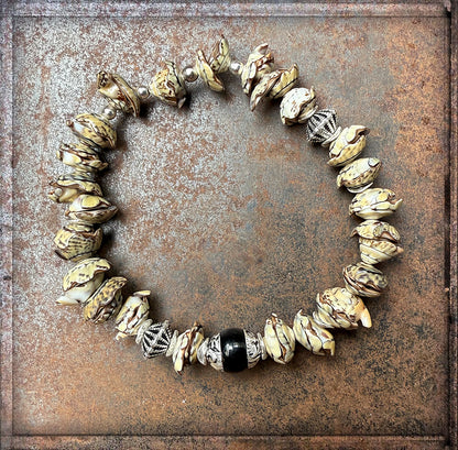 Ethno Boho Muschelarmband Tibet-Perle Onyx Dehnbar Unikat Sterling Silber Schmuck Reichenberger