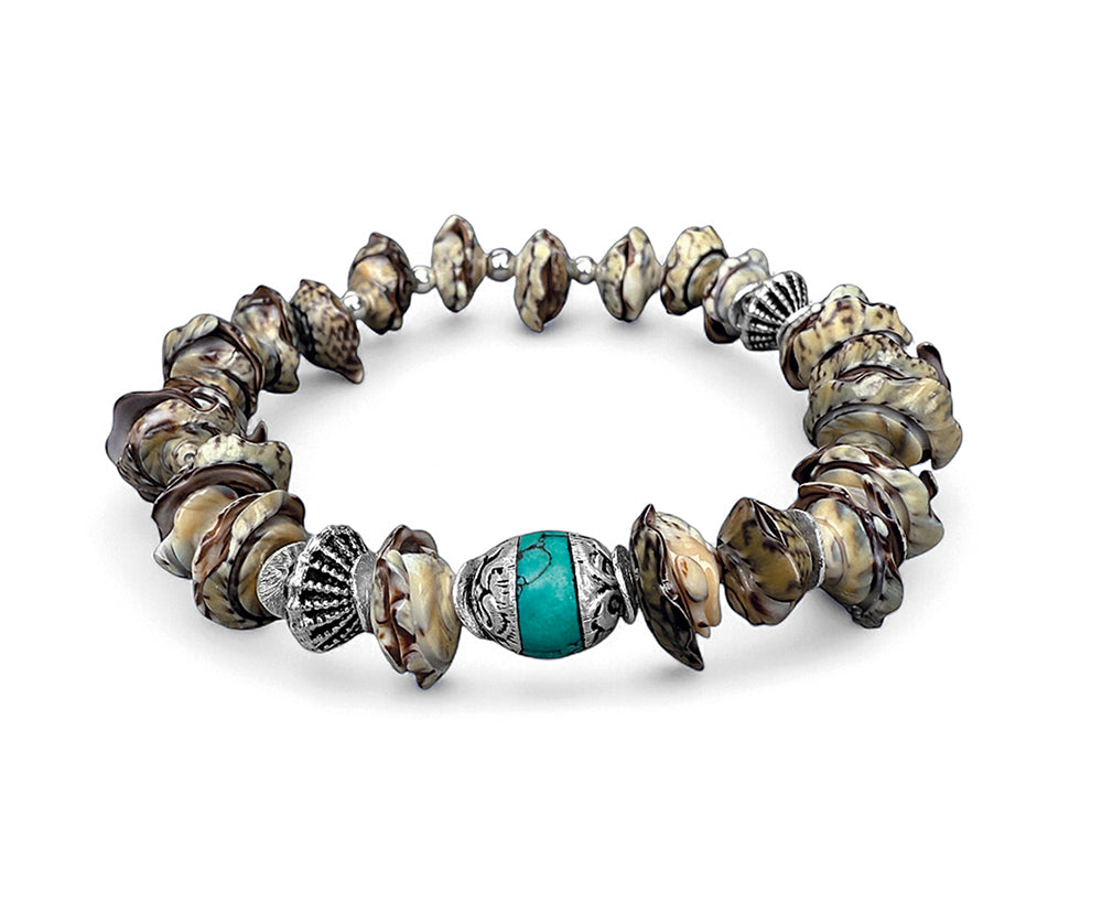 Ethno Muschelarmband Tibet-Perle Türkis Dehnbar Unikat Sterling Silber Schmuck Reichenberger