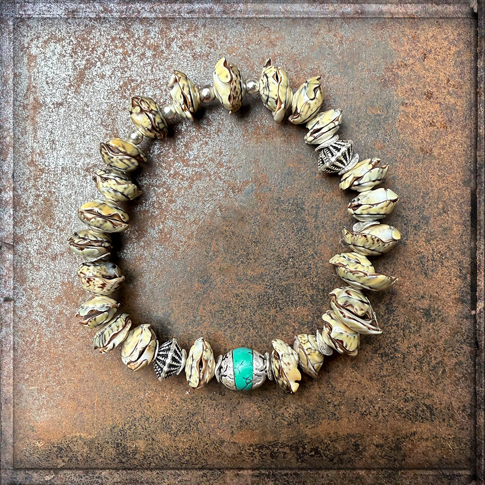 Ethno Boho Muschelarmband Tibet-Perle Türkis Dehnbar Unikat Sterling Silber Schmuck Reichenberger