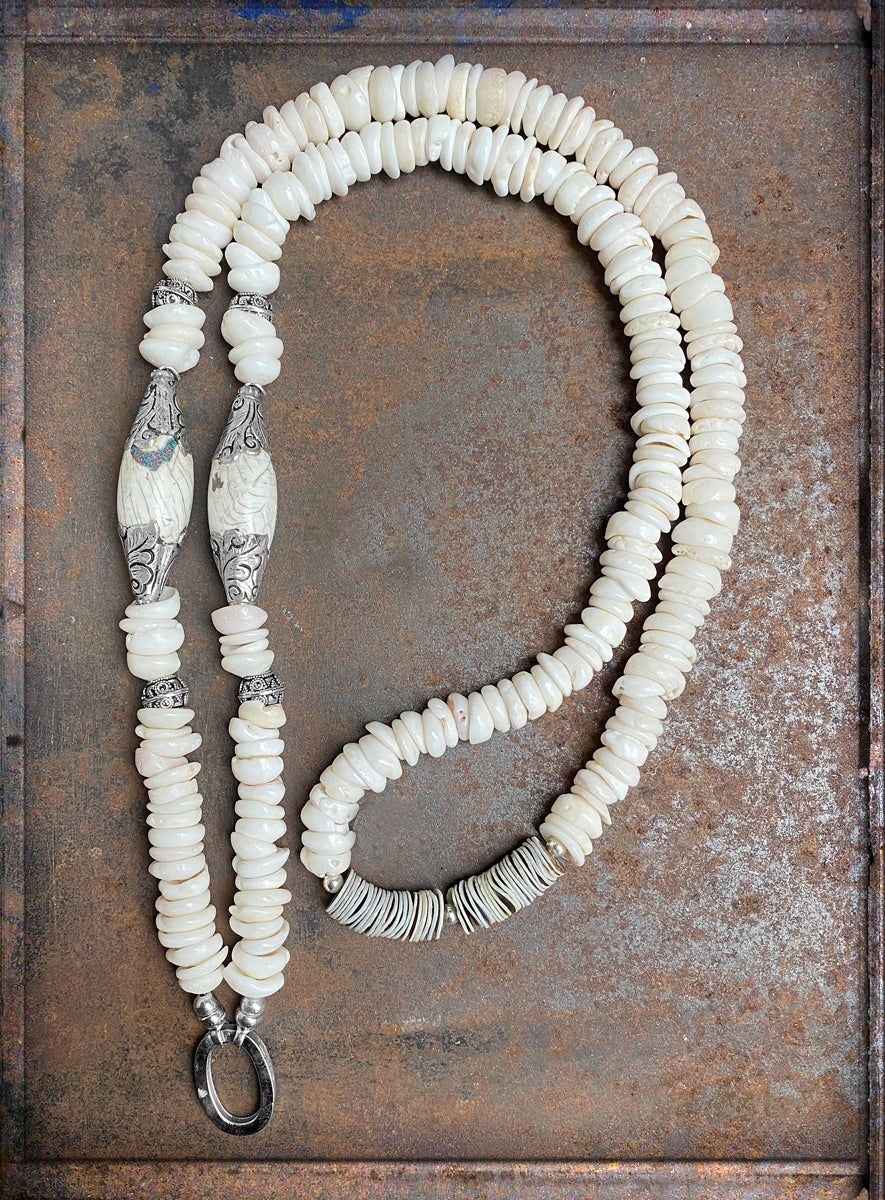 Ethno Kette Muschelscheiben Weiß Boho-Perlen 105 cm Lang 925 Sterling Silber Unikat Reichenberger