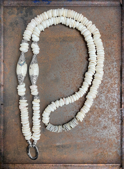 Ethno Kette Muschelscheiben Weiß Boho-Perlen 105 cm Lang 925 Sterling Silber Unikat Reichenberger