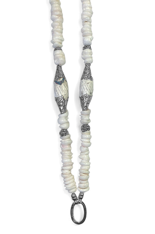 Ethno Kette Muschelscheiben Weiß Boho-Perlen 105 cm Lang 925 Sterling Silber Unikat