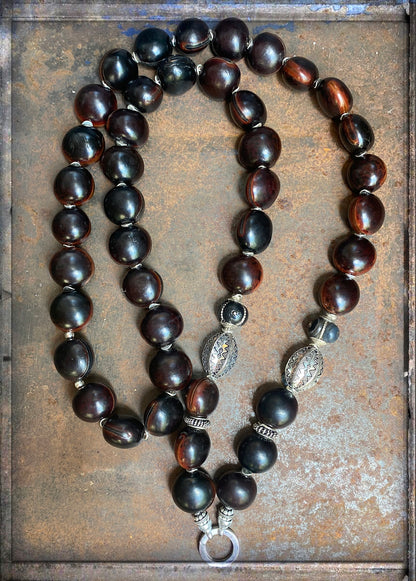 Ethno Kette Lang Samenperlen Hornkugeln Dunkelbraun 925 Sterling Silber Unikat Schmuck Reichenberger