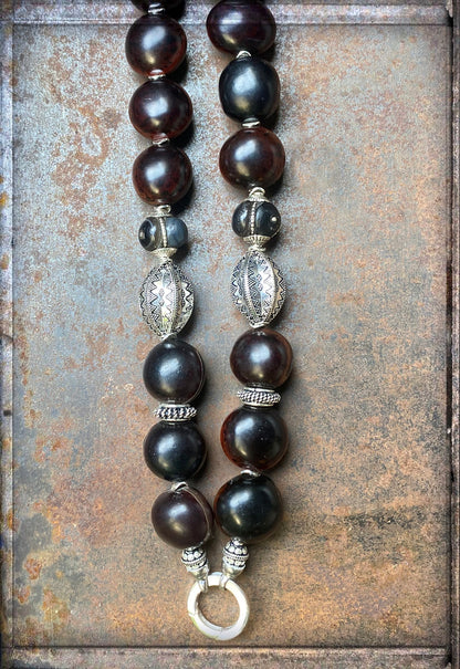 Ethno Kette Lang Samenperlen Dunkelbraun 925 Sterling Silber Unikat Schmuck Reichenberger