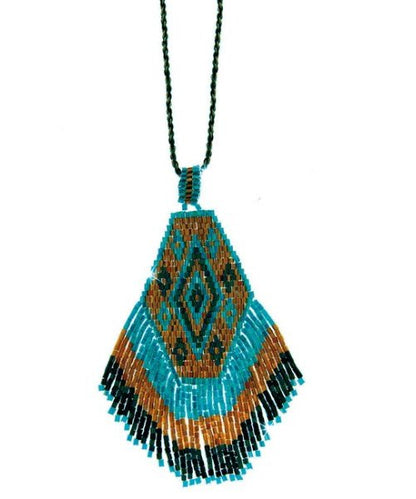 Fransenkette Boho Baumwollkordel Anhänger Perlen-Stickerei Braun Türkis 90 cm Lang Längenverstellbar