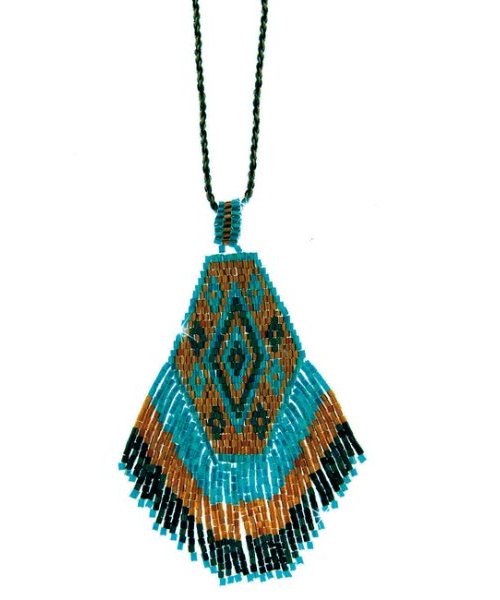 Fransenkette Boho Baumwollkordel Anhänger Perlen-Stickerei Braun Türkis 90 cm Lang Längenverstellbar