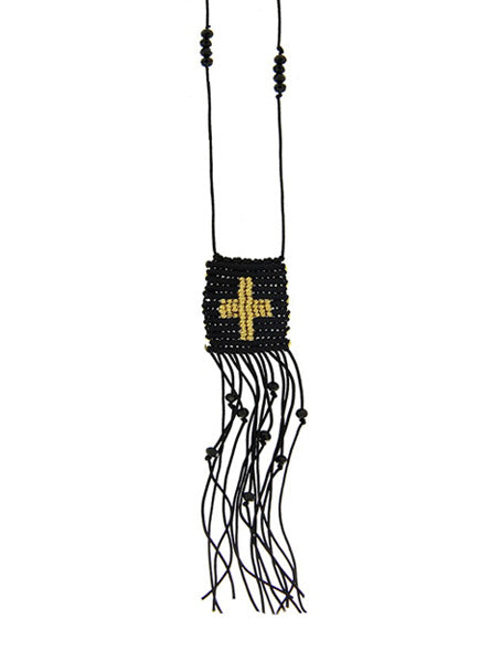 Fransenkette Boho Baumwollkordel Kreuz Stickerei Perlen Schwarz Längenverstellbar