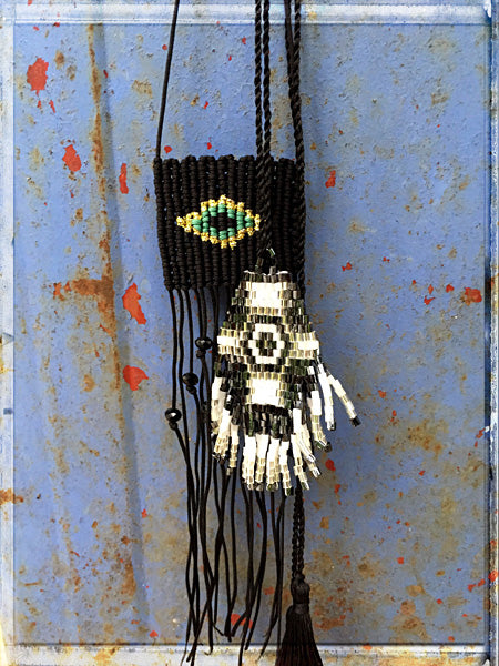 Fransenketten Boho Baumwollkordel Nazar-Eye Perlen-Stickerei Schwarz Grau Weiß Längenverstellbar