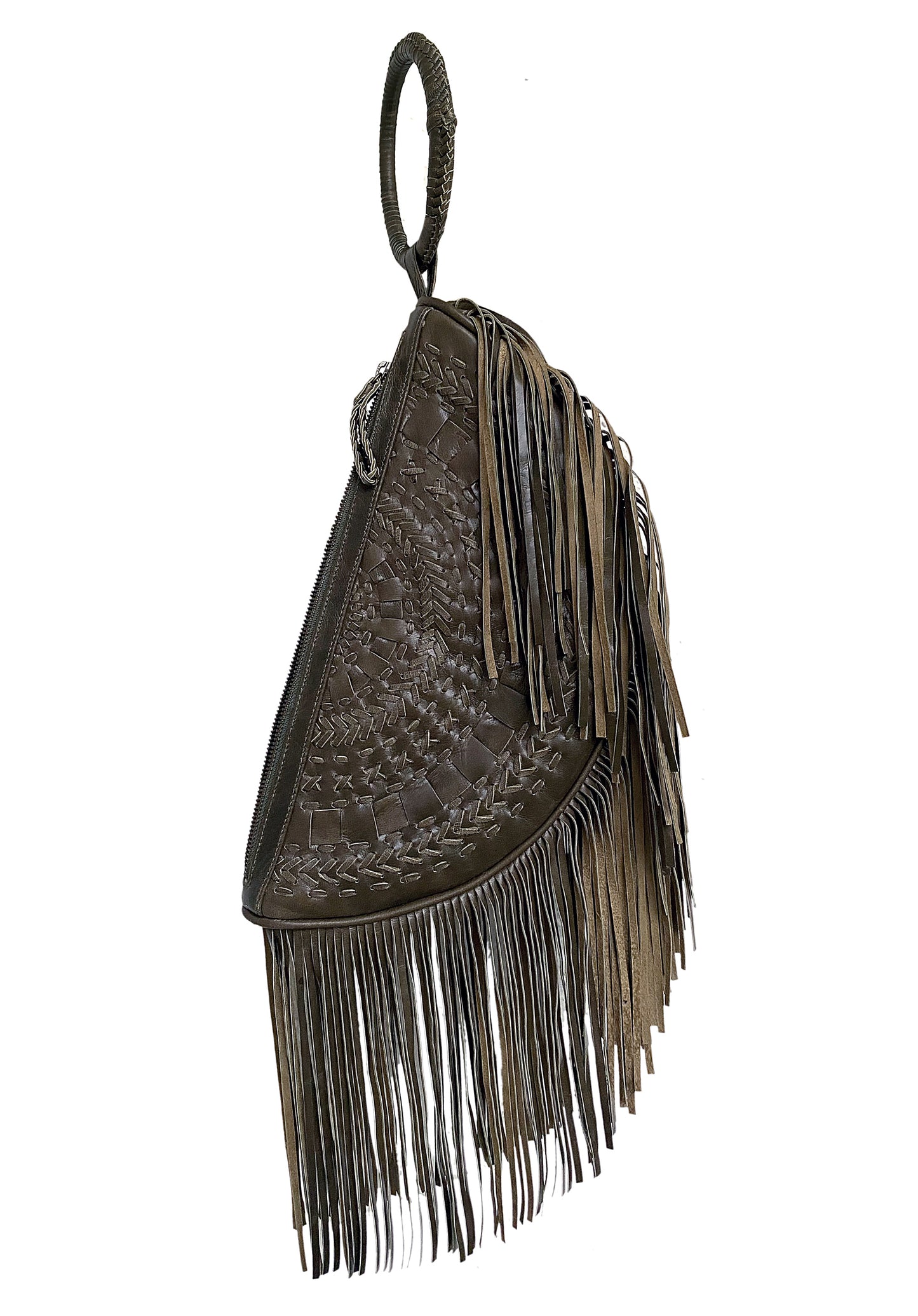 ﻿Fransentasche Boho Clutch Halfmoon Echtes Leder Oliv Handvernähtes Lederpatchwork Lange Fransen Frings