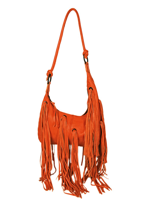 Fransentasche Boho Weiches Leder Orange Gypsy-Style Pflanzlich Gefärbt Rehard