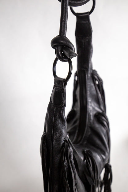 Fransentasche Boho Weiches Leder Schwarz Gypsy-Style Pflanzlich Gefärbt Rehard Detail 2