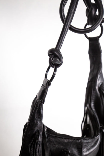 Fransentasche Boho Weiches Leder Schwarz Gypsy-Style Pflanzlich Gefärbt Rehard Detail 4
