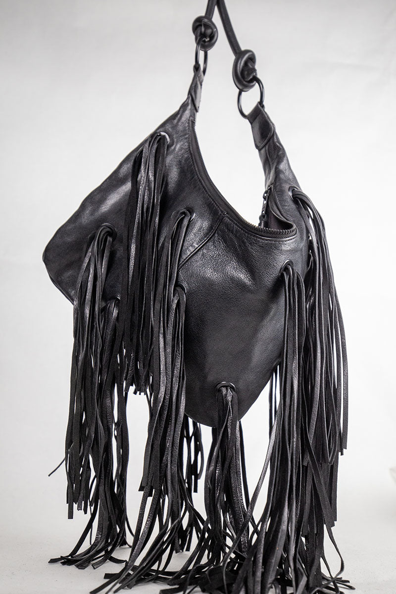 Fransentasche Boho Weiches Leder Schwarz Gypsy-Style Pflanzlich Gefärbt Rehard
