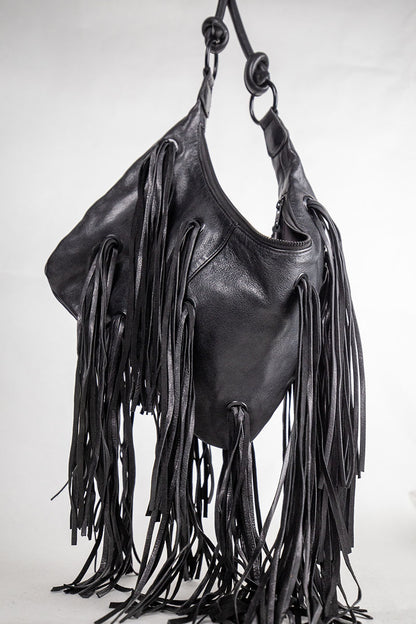 Fransentasche Boho Weiches Leder Schwarz Gypsy-Style Pflanzlich Gefärbt Rehard