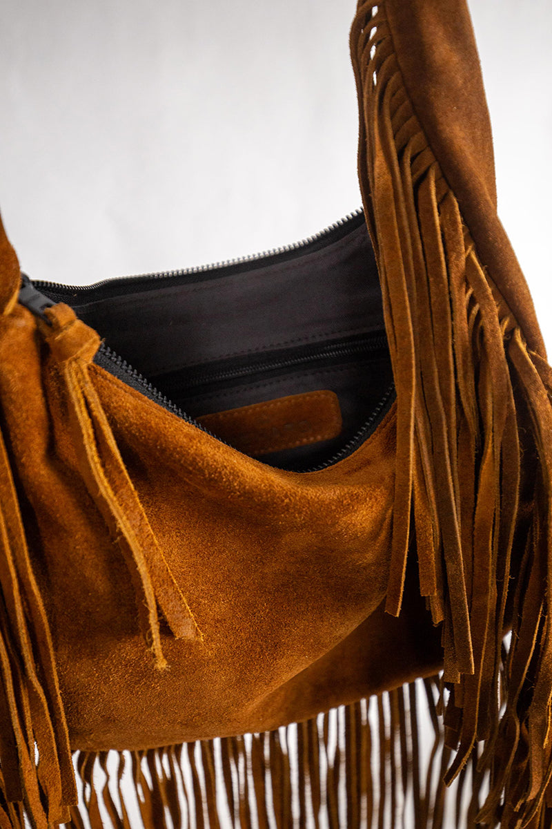 Fransentasche Boho Wildleder Braun Gypsy-Style Pflanzlich Gefärbt Rehard Detail 3