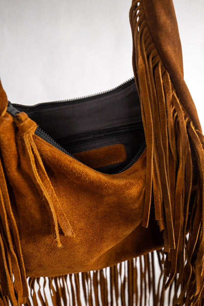 Fransentasche Boho Wildleder Braun Gypsy-Style Pflanzlich Gefärbt Rehard Detail 3