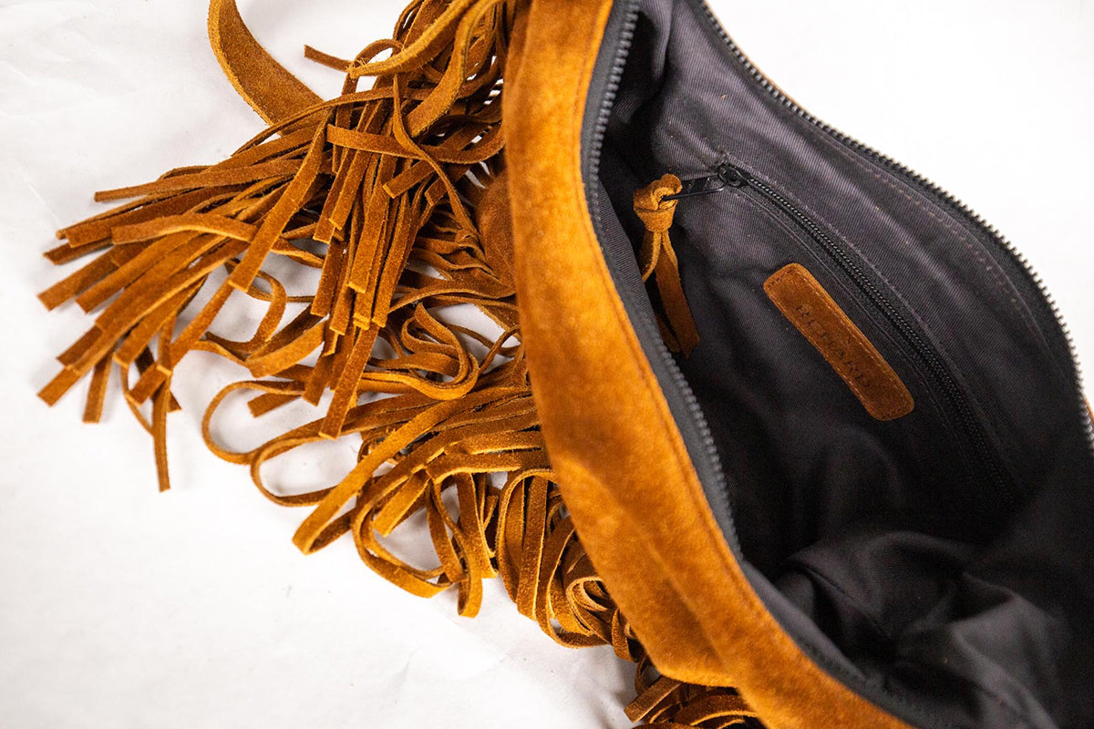 Fransentasche Boho Wildleder Braun Gypsy-Style Pflanzlich Gefärbt Rehard Detail 4