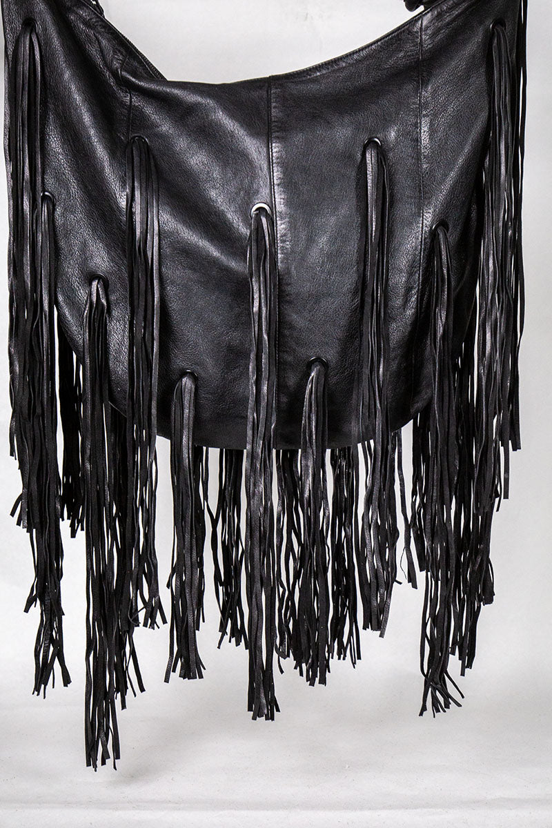 Fransentasche Boho XL-Shopper Weiches Leder Schwarz Gypsy-Style Pflanzlich Gefärbt Rehard Detail 2