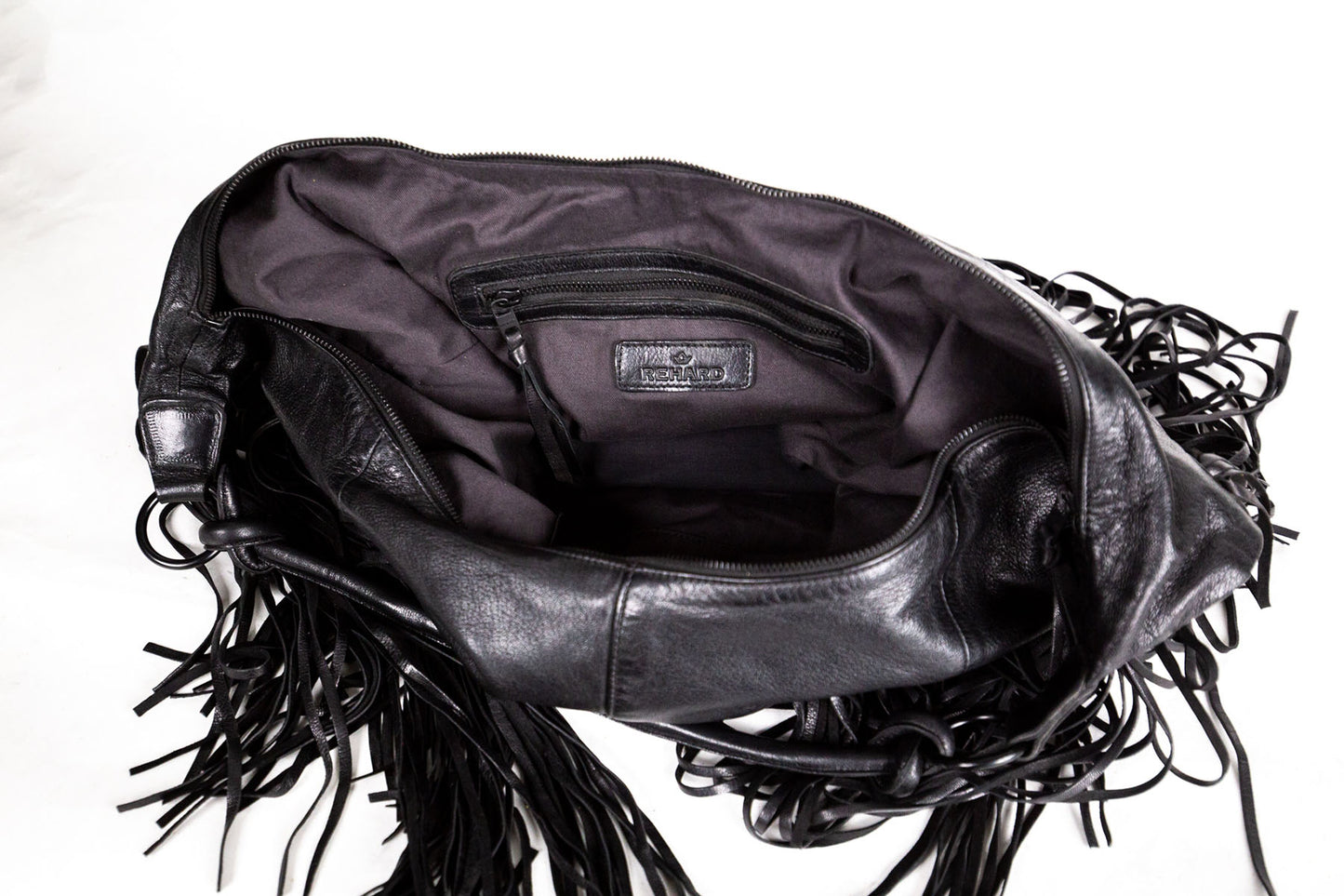 Fransentasche Boho XL-Shopper Weiches Leder Schwarz Gypsy-Style Pflanzlich Gefärbt Rehard Detail 3